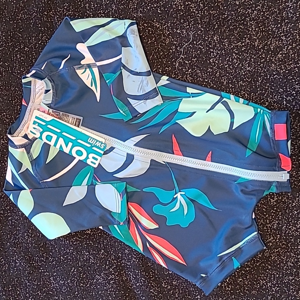 0-3mth - Tropical Leaf Swim long sleeve baby swimsuit with full-length front zip